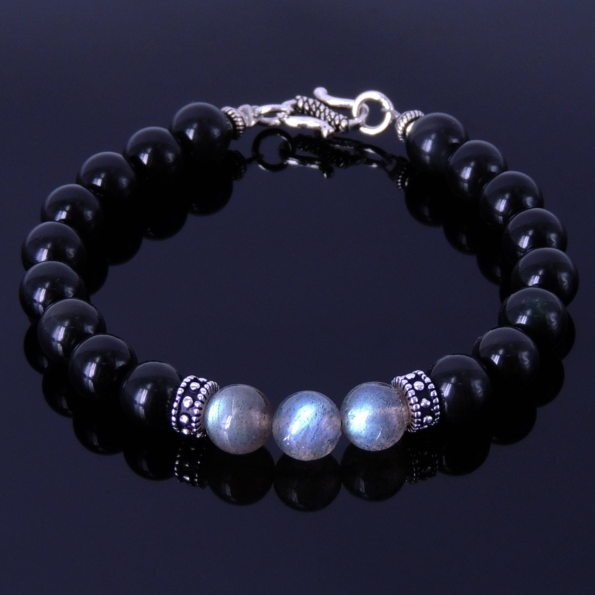 8mm Rainbow Black Obsidian & Labradorite Healing Gemstone Bracelet with S925 Sterling Silver Spacer Beads & Clasp - Handmade by Gem & Silver BR134