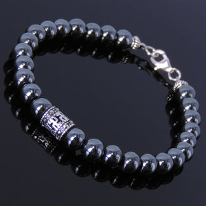6mm Hematite Healing Gemstone Bracelet with S925 Sterling Silver Buddhism Mantra Barrel Bead Spacers & Clasp - Handmade by Gem & Silver BR136