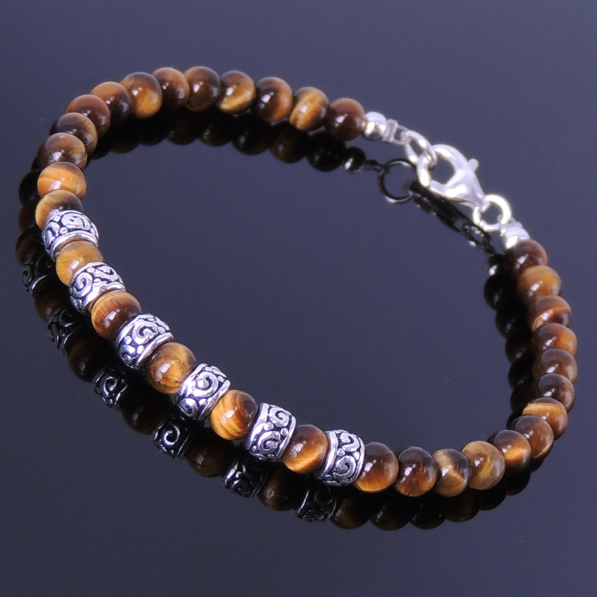 4mm Brown Tiger Eye Healing Gemstone Bracelet with S925 Sterling Silver Artisan Spacer Beads & Clasp - Handmade by Gem & Silver BR183
