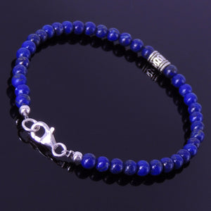 4mm Lapis Lazuli Healing Gemstone Bracelet with S925 Sterling Silver Artisan Barrel Bead & Clasp - Handmade by Gem & Silver BR177