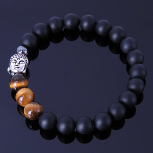 Brown Tiger Eye, Matte Black Onyx & Hematite Healing Gemstone Bracelet with S925 Sterling Silver Sakyamuni Buddha - Handmade by Gem & Silver BR146E