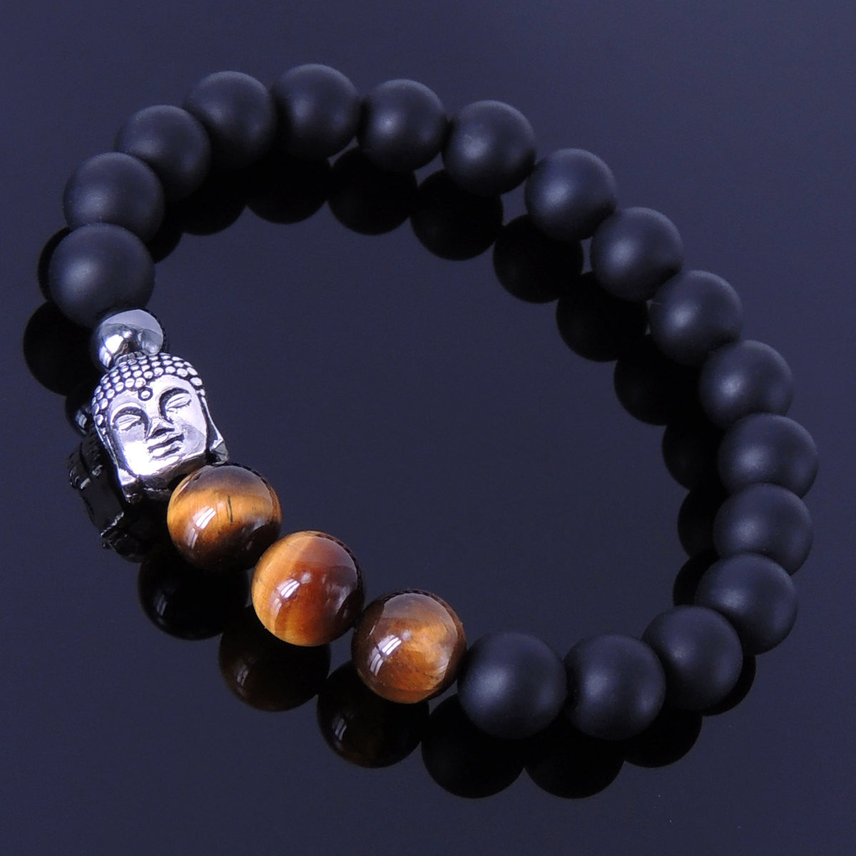 Brown Tiger Eye, Matte Black Onyx & Hematite Healing Gemstone Bracelet with S925 Sterling Silver Sakyamuni Buddha - Handmade by Gem & Silver BR146E