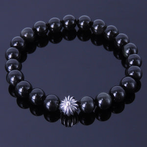 8mm Rainbow Black Obsidian Healing Gemstone Bracelet with S925 Sterling Silver Star Cross Bead - Handmade by Gem & Silver BR178