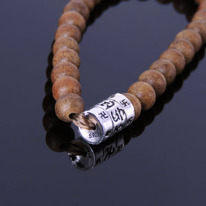 6.5mm Earth Agarwood Meditation Bracelet with S925 Sterling Silver Buddhist OM Mantra Charm - Handmade by Gem & Silver BR212