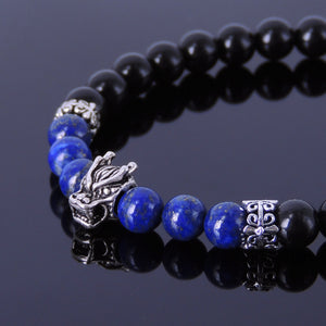 6mm Black Obsidian & Lapis Lazuli Healing Gemstone Bracelet with S925 Sterling Silver Wolf & Gothic Spacers - Handmade by Gem & Silver BR284