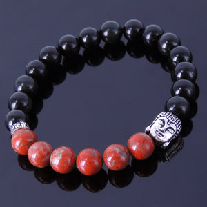 8mm Red Jasper Stone & Rainbow Black Obsidian Healing Gemstone Bracelet with S925 Sterling Silver Sakyamuni Buddha & OM Meditation Spacer Bead - Handmade by Gem & Silver BR194
