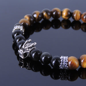 6mm Brown Tiger Eye & Black Obsidian Healing Gemstone Bracelet with S925 Sterling Silver Wolf & Gothic Spacers - Handmade by Gem & Silver BR286