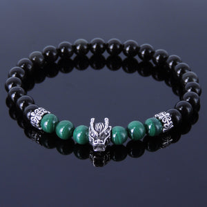 6mm Black Obsidian & Malachite Healing Gemstone Bracelet with S925 Sterling Silver Wolf & Spacers - Handmade by Gem & Silver BR285