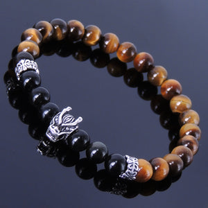 6mm Brown Tiger Eye & Black Obsidian Healing Gemstone Bracelet with S925 Sterling Silver Wolf & Gothic Spacers - Handmade by Gem & Silver BR286