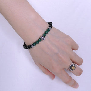 6mm Black Obsidian & Malachite Healing Gemstone Bracelet with S925 Sterling Silver Wolf & Spacers - Handmade by Gem & Silver BR285