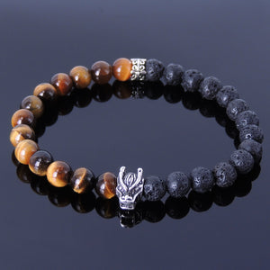 6mm Lava Rock & Brown Tiger Eye Gemstone Bracelet with S925 Sterling Silver Wolf Courage Bead & Cross Spacer - Handmade by Gem & Silver BR289