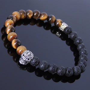 6mm Brown Tiger Eye & Lava Rock Healing Gemstone Bracelet with S925 Sterling Silver Day of the Dead Skull Bead & Cross Spacer - Handmade by Gem & Silver BR290