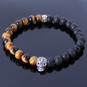 6mm Brown Tiger Eye & Lava Rock Healing Gemstone Bracelet with S925 Sterling Silver Day of the Dead Skull Bead & Cross Spacer - Handmade by Gem & Silver BR290