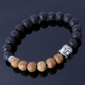 8mm Agarwood & Lava Rock Meditation Bracelet with S925 Sterling Silver Buddhism Spacer & Guanyin Buddha Bead - Handmade by Gem & Silver BR291
