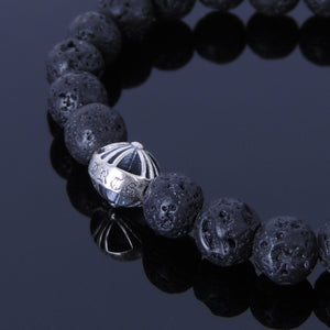 8mm Lava Rock Healing Stone Bracelet with S925 Sterling Silver Round Gothic Cross Bead - Handmade by Gem & Silver BR297