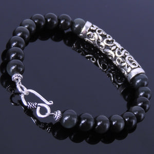 8mm Rainbow Black Obsidian Healing Gemstone Bracelet with S925 Sterling Silver Lotus Protection Charm & S-hook Clasp - Handmade by Gem & Silver BR126