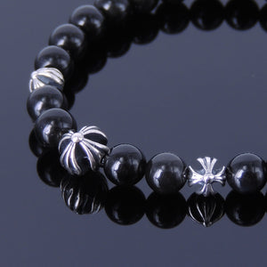 6mm Rainbow Black Obsidian Healing Gemstone Bracelet with S925 Sterling Silver Holy Trinity Cross Beads - Handmade by Gem & Silver BR306