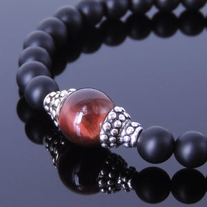 Red Tiger Eye & Matte Black Onyx Healing Gemstone Bracelet with S925 Sterling Silver Bead Caps & Clasp - Handmade by Gem & Silver BR170
