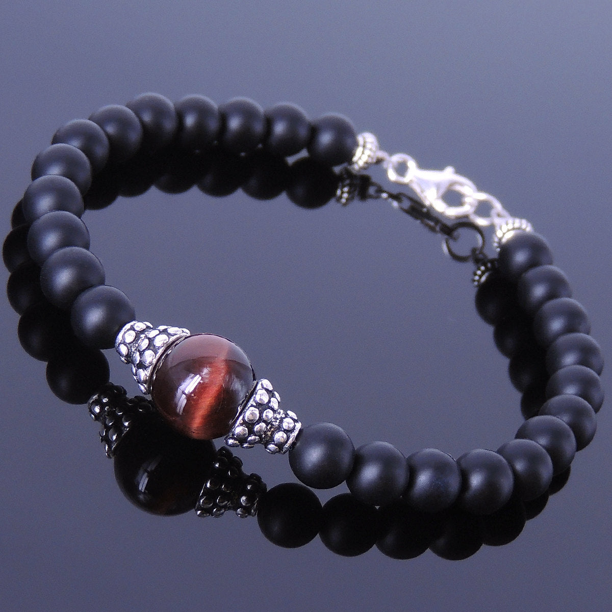 Red Tiger Eye & Matte Black Onyx Healing Gemstone Bracelet with S925 Sterling Silver Bead Caps & Clasp - Handmade by Gem & Silver BR170