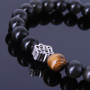 8mm Brown Tiger Eye & Rainbow Black Obsidian Healing Gemstone Bracelet with S925 Sterling Silver Buddhism Spacer & Chinese Fortune Knot - Handmade by Gem & Silver BR195