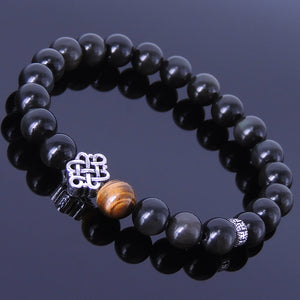 8mm Brown Tiger Eye & Rainbow Black Obsidian Healing Gemstone Bracelet with S925 Sterling Silver Buddhism Spacer & Chinese Fortune Knot - Handmade by Gem & Silver BR195