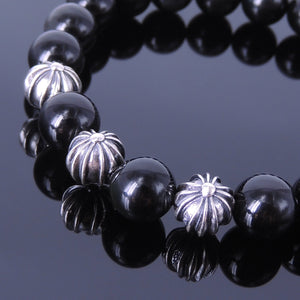 8mm Rainbow Black Obsidian Healing Gemstone Bracelet with S925 Sterling Silver Star Cross Beads - Handmade by Gem & Silver BR179