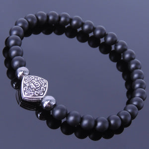 6mm Hematite & Matte Black Onyx Healing Gemstone Bracelet with S925 Sterling Silver Lucky Vintage Chinese Charm - Handmade by Gem & Silver BR148E