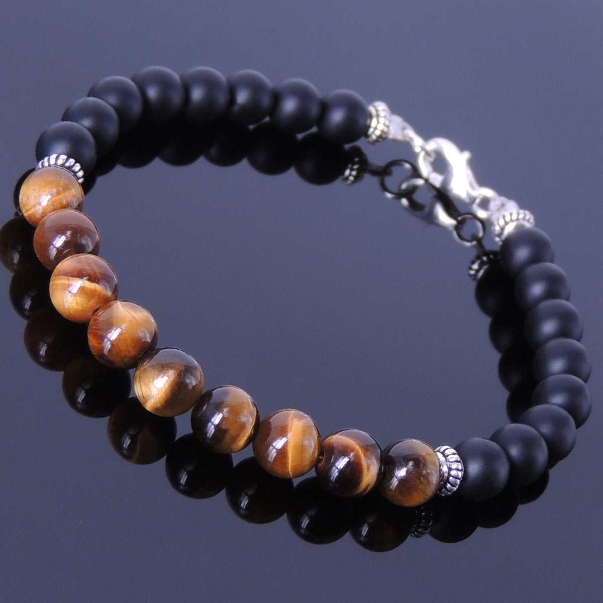 6mm Brown Tiger Eye & Matte Black Onyx Healing Gemstone Bracelet with S925 Sterling Silver Spacer Beads & Clasp - Handmade by Gem & Silver BR154