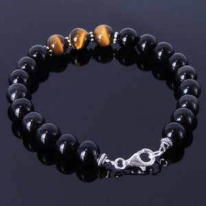 8mm Black Obsidian & Brown Tiger Eye Healing Gemstone Bracelet with S925 Sterling Silver Beads Spacers & Clasp - Handmade by Gem & Silver BR119