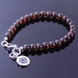 5.5mm Grade AAA Garnet Healing Gemstone Bracelet with S925 Sterling Silver Engraved Lotus Coin Pendant, Spacer Beads & S-Hook Clasp - Handmade by Gem & Silver BR008