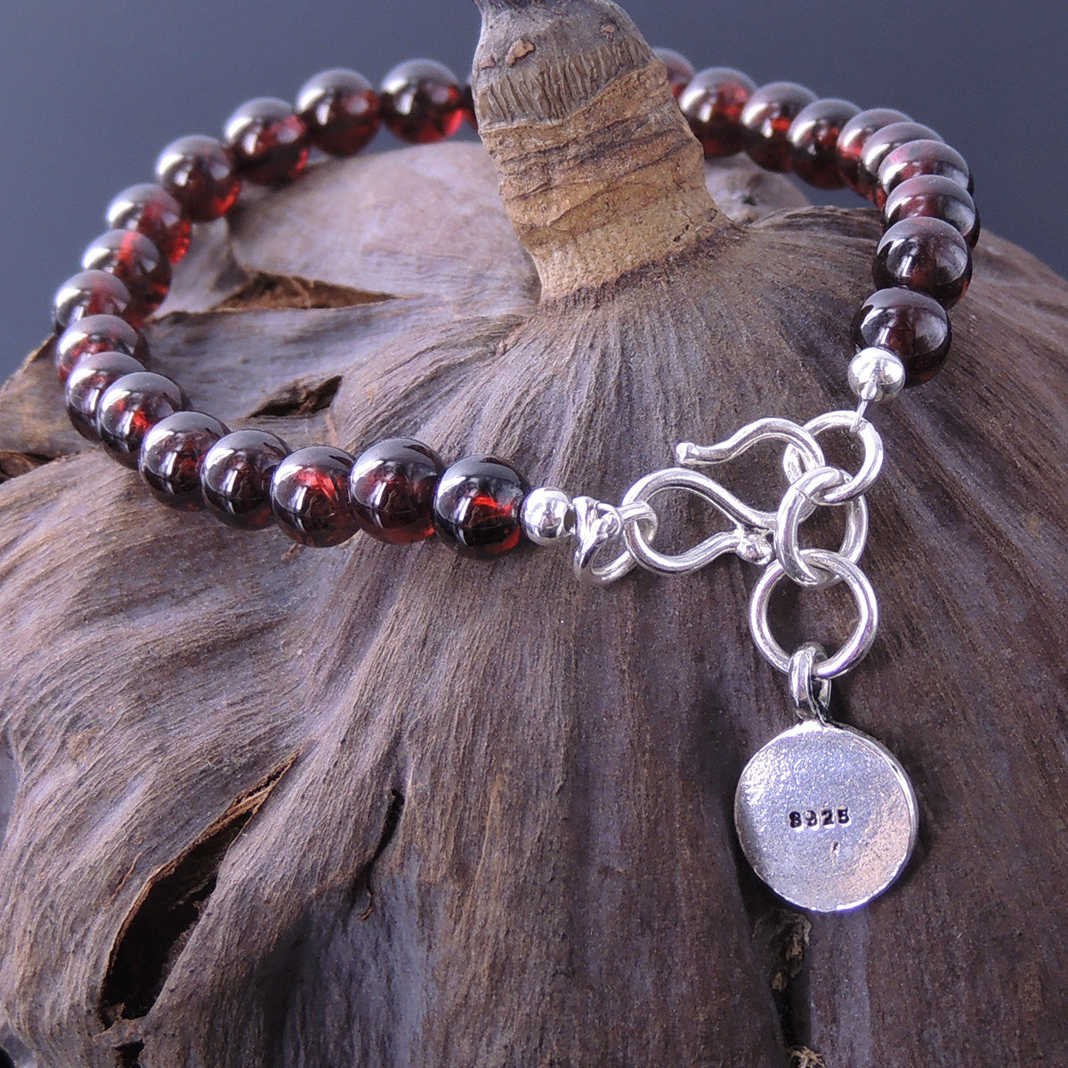 5.5mm Grade AAA Garnet Healing Gemstone Bracelet with S925 Sterling Silver Engraved Lotus Coin Pendant, Spacer Beads & S-Hook Clasp - Handmade by Gem & Silver BR008