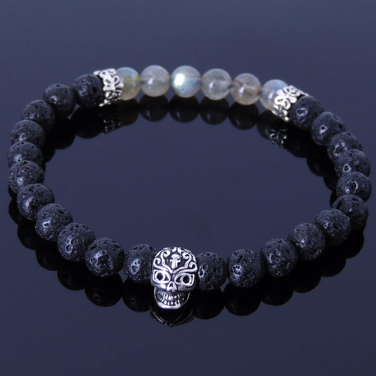 6mm Labradorite & Lava Rock Healing Gemstone Bracelet with S925 Sterling Silver Day of the Dead Skull Bead & Cross Spacers - Handmade by Gem & Silver BR315