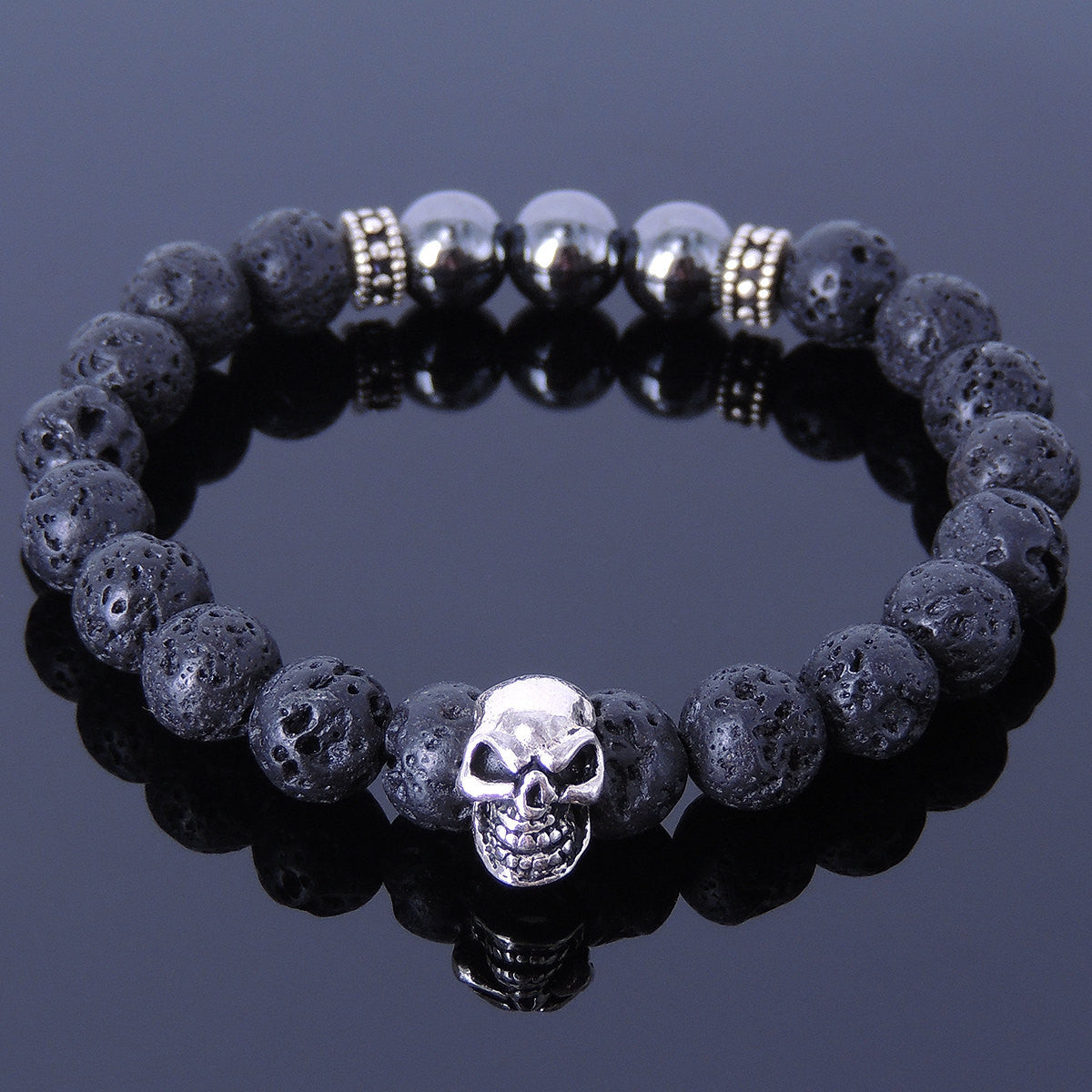 8mm Hematite & Lava Rock Healing Gemstone Bracelet with S925 Sterling Silver Spacers & Protection Skull Bead - Handmade by Gem & Silver BR317
