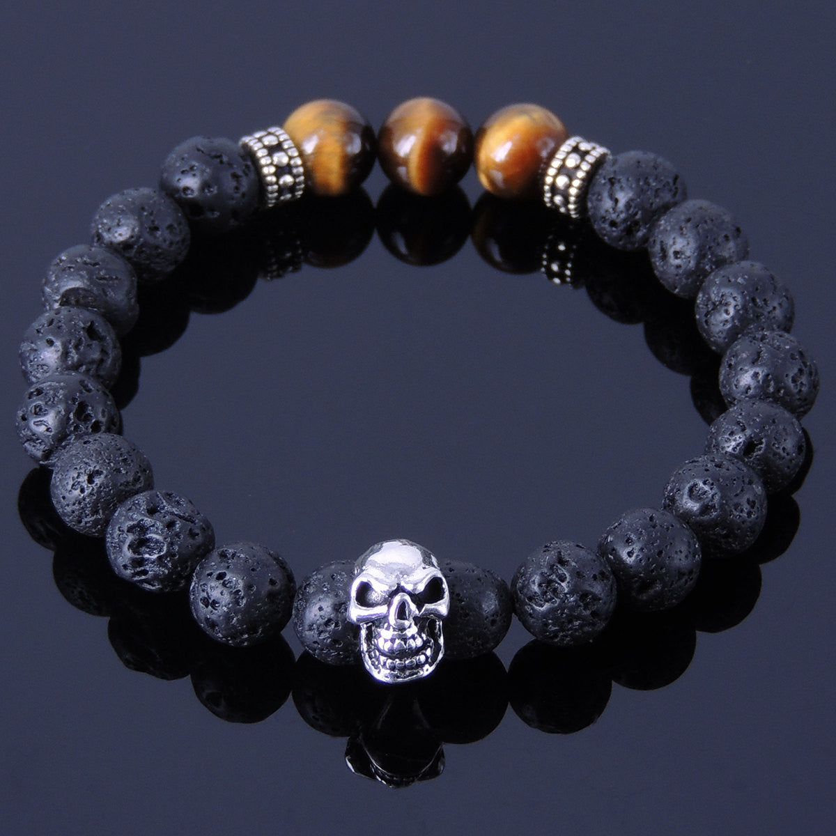8mm Lava Rock & Brown Tiger Eye Healing Gemstone Bracelet with S925 Sterling Silver Spacers & Skull Protection Charm - Handmade by Gem & Silver BR318