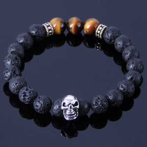 8mm Lava Rock & Brown Tiger Eye Healing Gemstone Bracelet with S925 Sterling Silver Spacers & Skull Protection Charm - Handmade by Gem & Silver BR318
