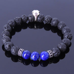 8mm Lapis Lazuli & Lava Rock Healing Gemstone Bracelet with S925 Sterling Silver Spacers & Protection Skull Bead - Handmade by Gem & Silver BR316
