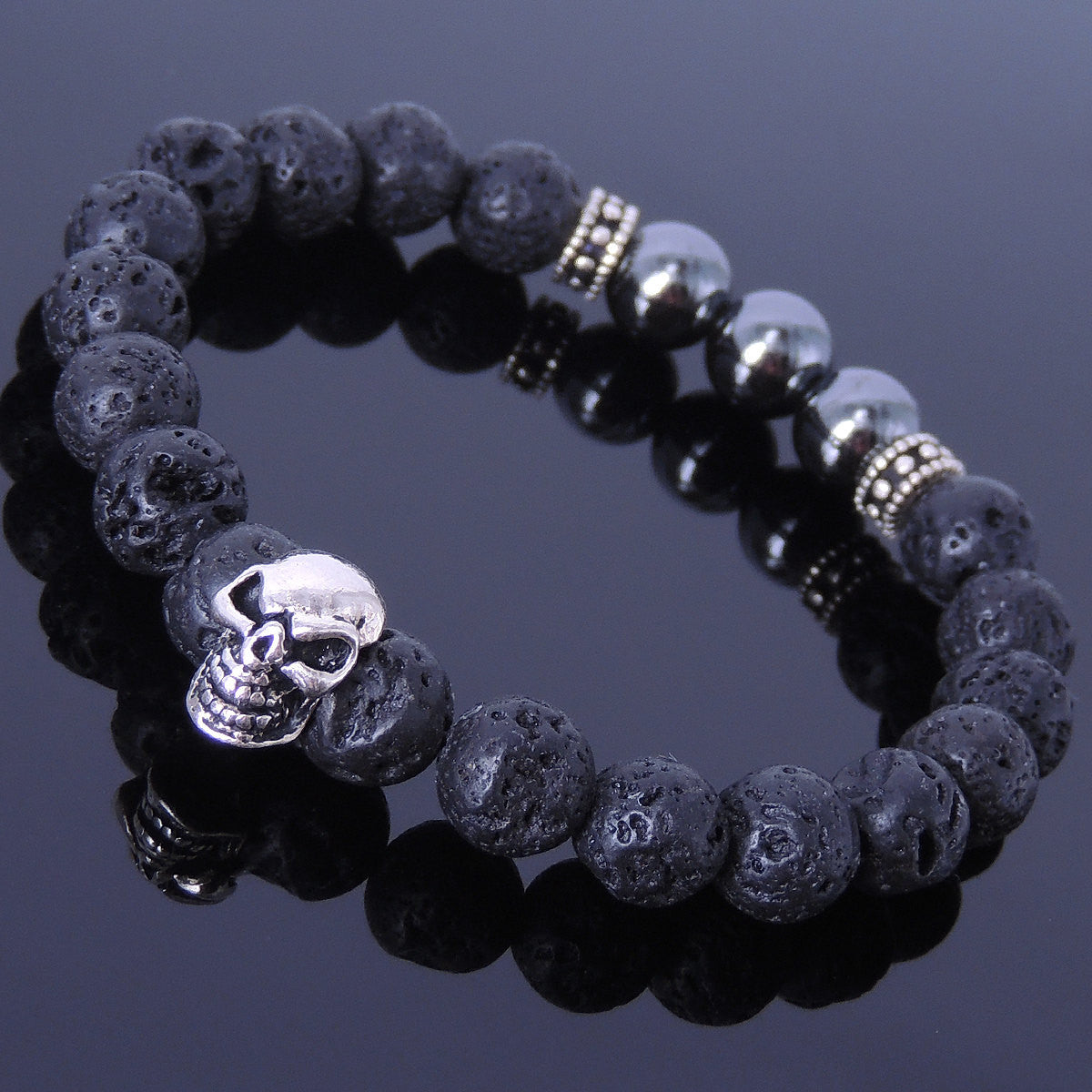 8mm Hematite & Lava Rock Healing Gemstone Bracelet with S925 Sterling Silver Spacers & Protection Skull Bead - Handmade by Gem & Silver BR317