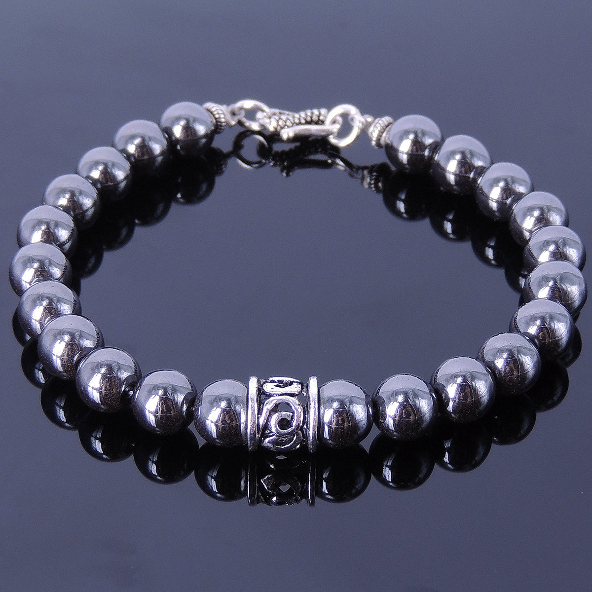 6mm Hematite Gemstone Bracelet with S925 Sterling Silver Buddhism Barrel Bead Spacers & Clasp - Handmade by Gem & Silver BR142