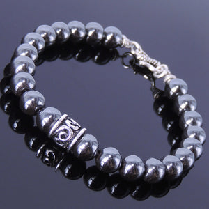 6mm Hematite Gemstone Bracelet with S925 Sterling Silver Buddhism Barrel Bead Spacers & Clasp - Handmade by Gem & Silver BR142