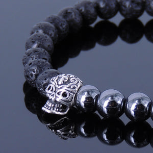 6mm Hematite & Lava Rock Healing Gemstone Bracelet with S925 Sterling Silver Day of the Dead Skull Bead & Cross Spacer - Handmade by Gem & Silver BR319