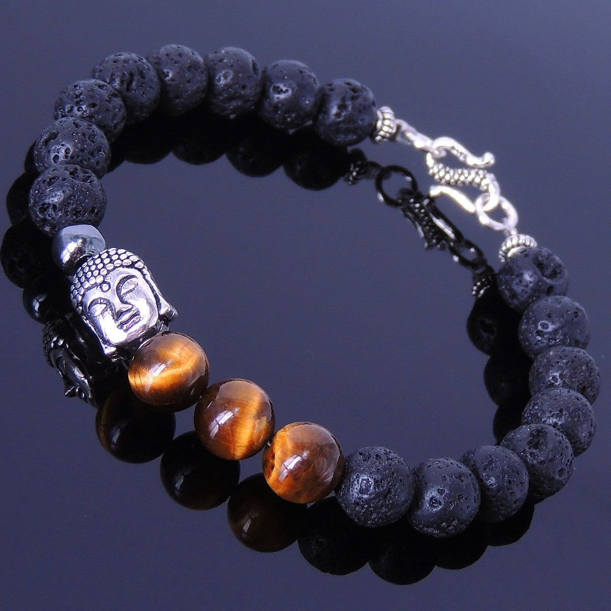 Lava Rock, Hematite, & Brown Tiger Eye Healing Gemstone Bracelet with S925 Sterling Silver Guanyin Protection Buddha Bead & S-Hook Clasp - Handmade by Gem & Silver BR322