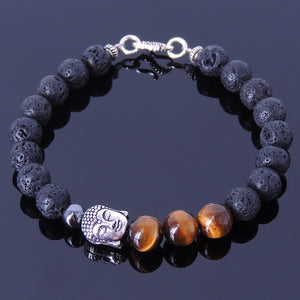 Lava Rock, Hematite, & Brown Tiger Eye Healing Gemstone Bracelet with S925 Sterling Silver Guanyin Protection Buddha Bead & S-Hook Clasp - Handmade by Gem & Silver BR322