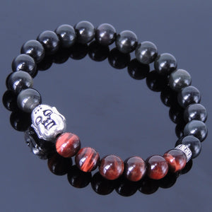 8mm Rainbow Black Obsidian & Red Tiger Eye Healing Gemstone Bracelet with S925 Sterling Silver Double Face Buddha & Buddhism Spacer Bead - Handmade by Gem & Silver BR182