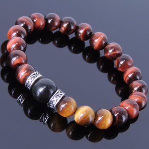 Brown & Red Tiger Eye, Rainbow Black Obsidian Healing Gemstone Bracelet with S925 Sterling Silver Celtic Spacer Beads - Handmade by Gem & Silver BR204