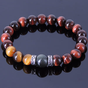 Brown & Red Tiger Eye, Rainbow Black Obsidian Healing Gemstone Bracelet with S925 Sterling Silver Celtic Spacer Beads - Handmade by Gem & Silver BR204