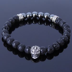 6mm Hematite & Lava Rock Healing Gemstone Bracelet with S925 Sterling Silver Day of the Dead Skull Bead & Cross Spacers - Handmade by Gem & Silver BR327