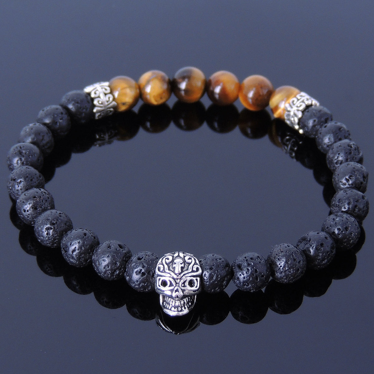 6mm Brown Tiger Eye & Lava Rock Healing Gemstone Bracelet with S925 Sterling Silver Day of the Dead Skull Bead & Cross Spacers - Handmade by Gem & Silver BR325