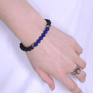 6mm Lapis Lazuli & Lava Rock Healing Gemstone Bracelet with S925 Sterling Silver Day of the Dead Skull Bead & Cross Spacers - Handmade by Gem & Silver BR326