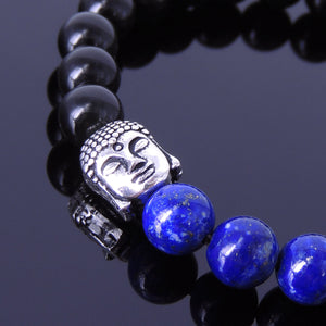 Rainbow Black Obsidian & Lapis Lazuli Healing Gemstone Bracelet with S925 Sterling Silver Sakyamuni Buddha & OM Meditation Spacer Bead - Handmade by Gem & Silver BR328