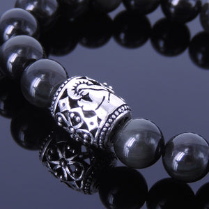 10mm Rainbow Black Obsidian Healing Stone Bracelet with S925 Sterling Silver Virgin Mary Prayer Barrel Bead - Handmade by Gem & Silver BR333
